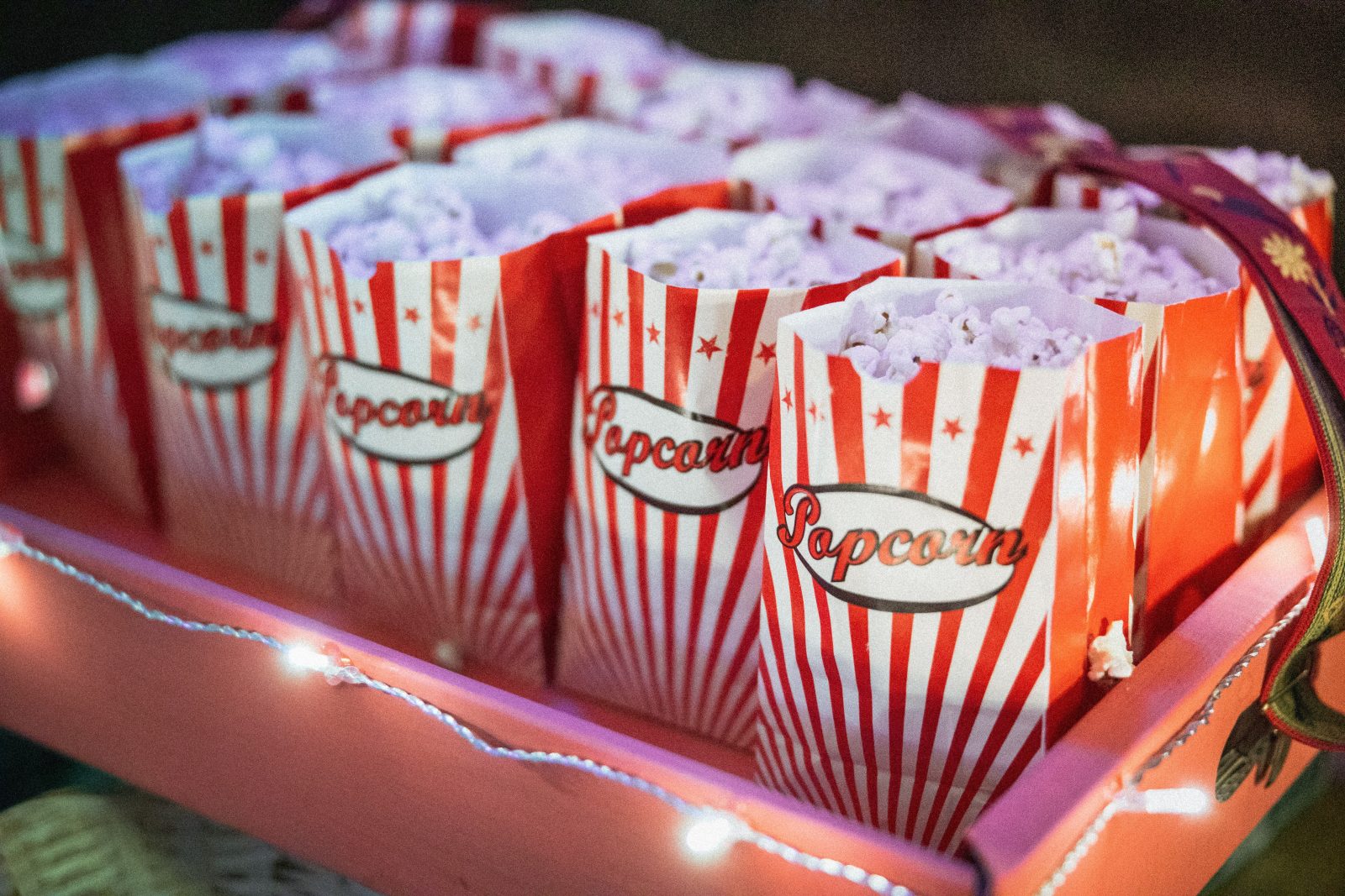 Popcorn in bags on a tray