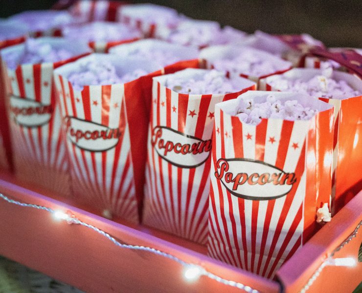 Popcorn in bags on a tray