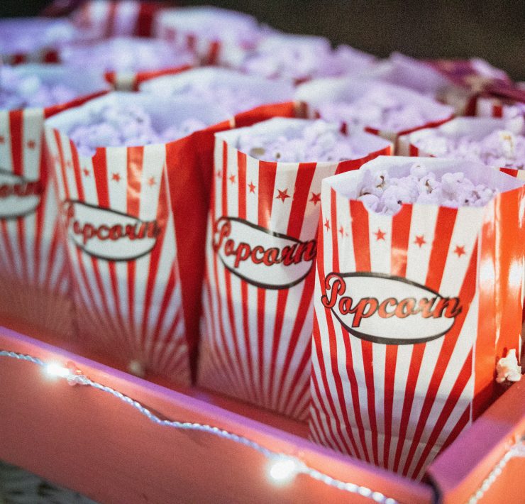 Popcorn in bags on a tray
