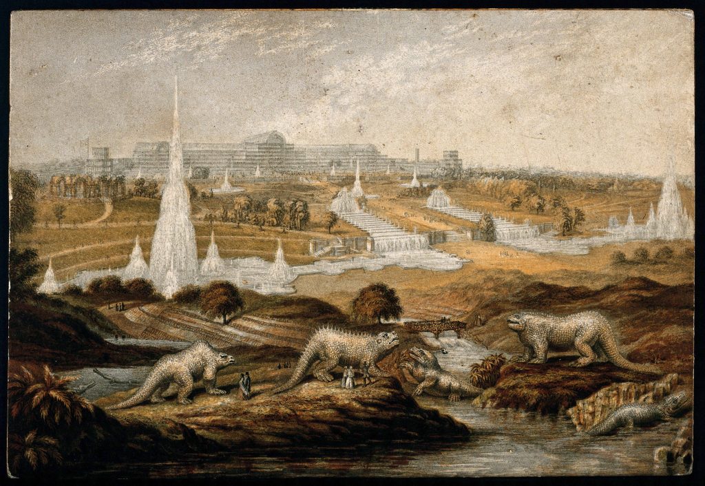 The Crystal Palace from the Great Exhibition, installed at Sydenham: sculptures of prehistoric creatures in the foreground c.1864 George Baxter (1814–67) Colour Baxter-process print
