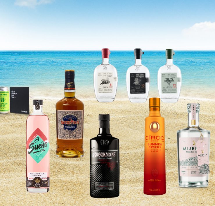 montage of bottles on a beach