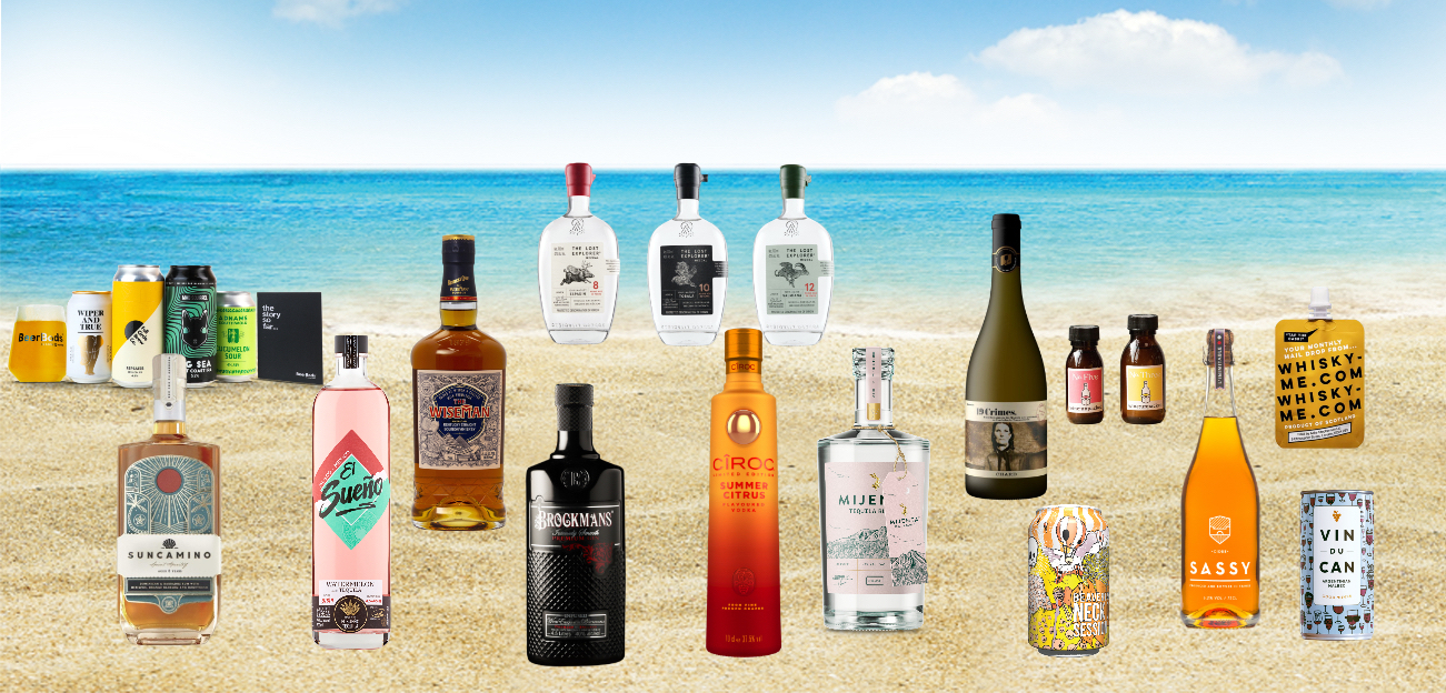 montage of bottles on a beach