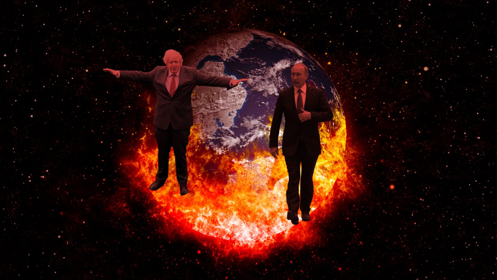 Boris Johnson and Vladamir Putin in front of a burning globe