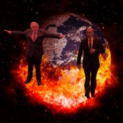 Boris Johnson and Vladamir Putin in front of a burning globe