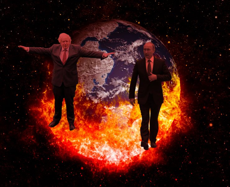 Boris Johnson and Vladamir Putin in front of a burning globe
