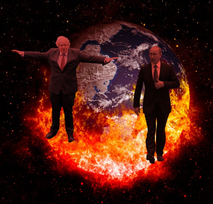 Boris Johnson and Vladamir Putin in front of a burning globe