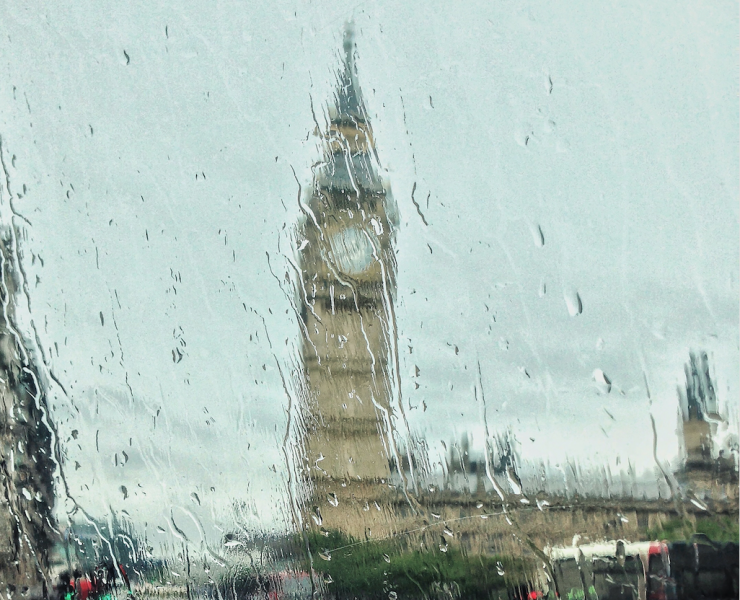 big ben through a rainy windsceen