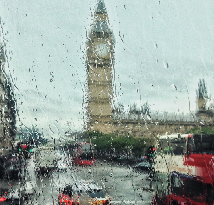 big ben through a rainy windsceen