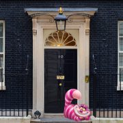 Number 10 Downing Street with Cheshire cat on doorstep