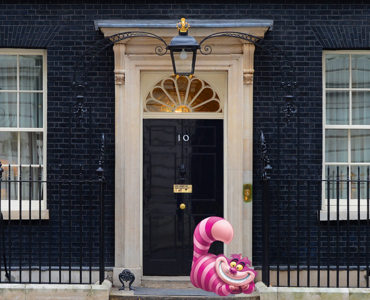 Number 10 Downing Street with Cheshire cat on doorstep
