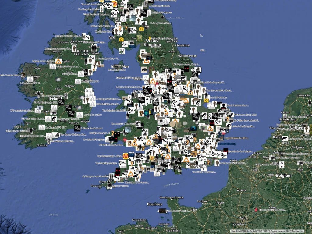 Deborah Hatswell's map of uk bigfoot witness reports