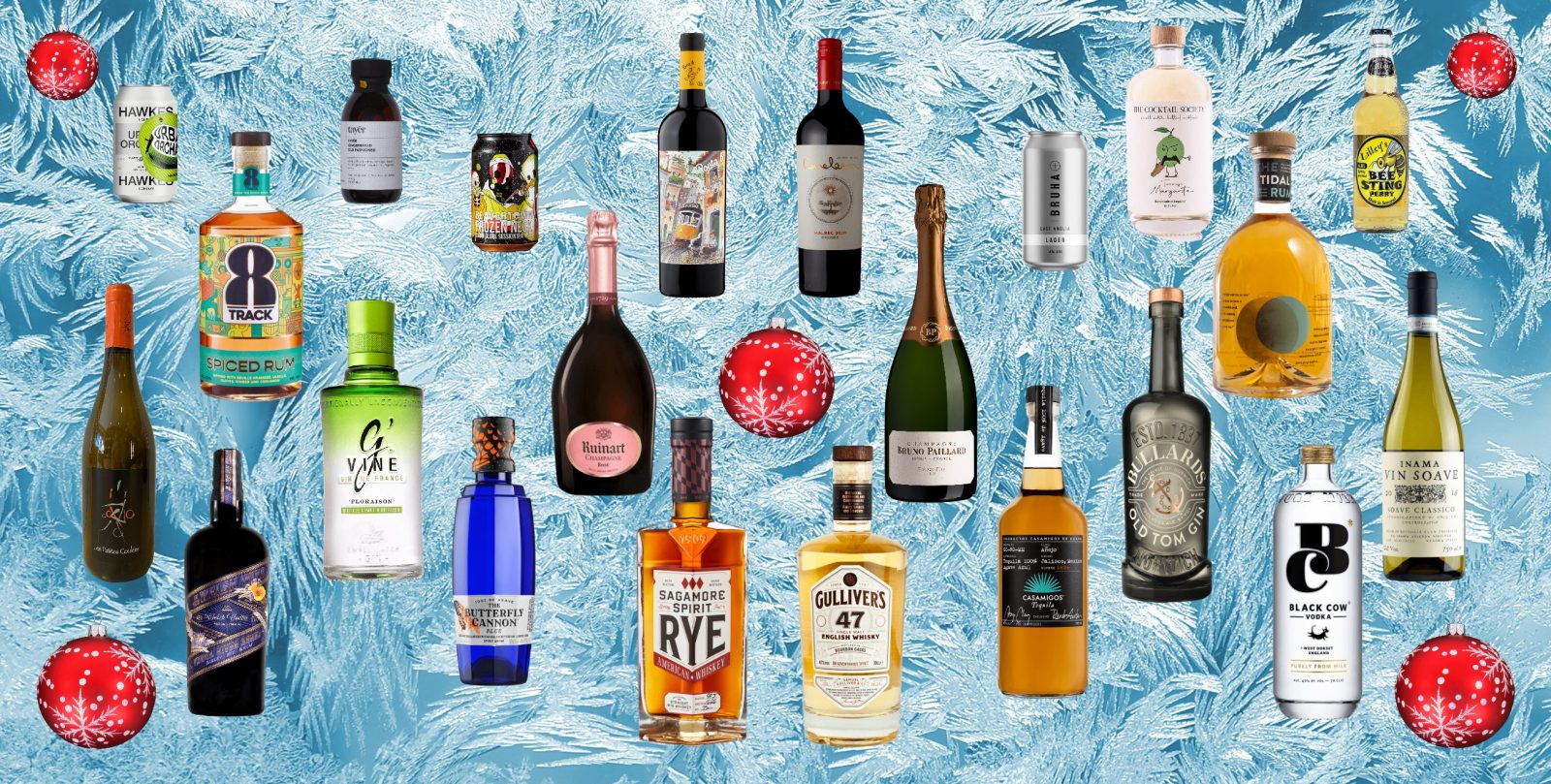 The Malestrom festive booze guide 2022 picture featuring multiple floating bottles