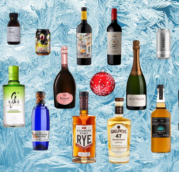 The Malestrom festive booze guide 2022 picture featuring multiple floating bottles