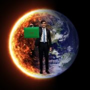 Rishi Sunak in front of a burning Earth