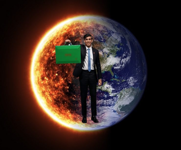 Rishi Sunak in front of a burning Earth
