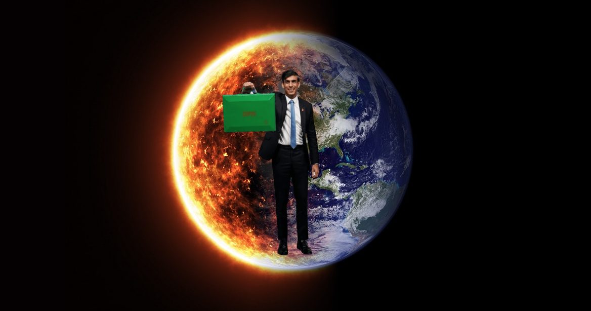 Rishi Sunak in front of a burning Earth