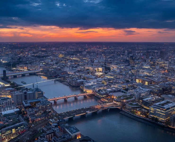 Birds eye view of London at sunset