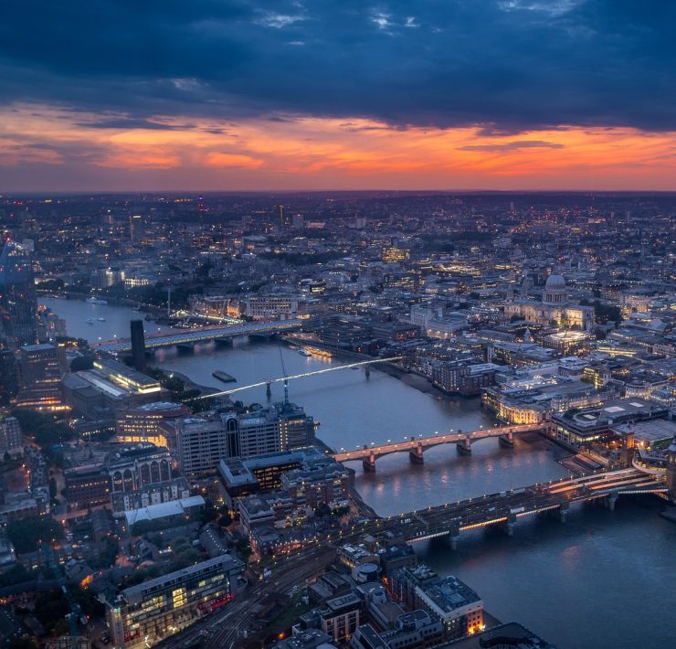 Birds eye view of London at sunset