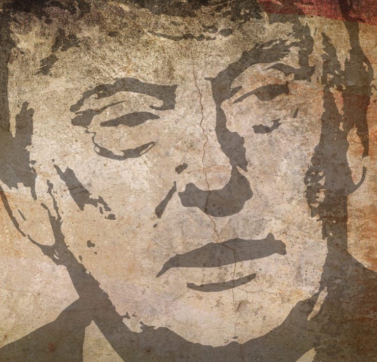 Donald Trump's face with us flag behind