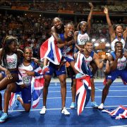 Team GB's sprinters celebrate after a double relay gold in Berlin 2018