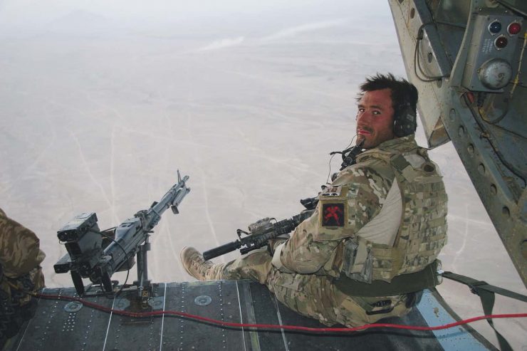 Jason Fox in back of Chinook. Picture from book Battle Scars