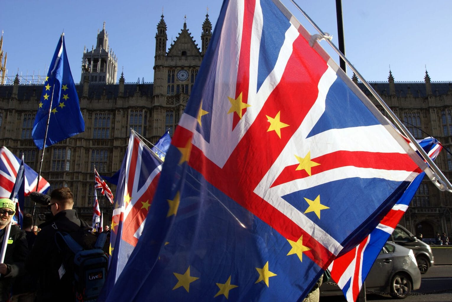 Brexit demonstration flags outside parliament