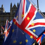 Brexit demonstration flags outside parliament