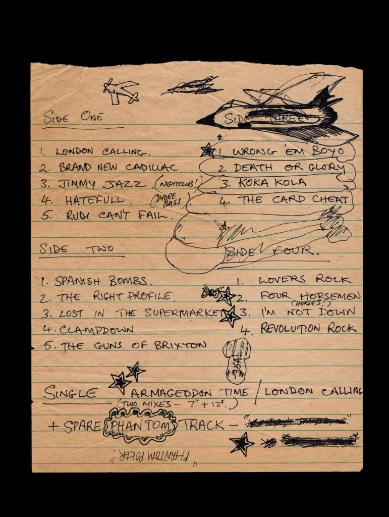 Handwritten album sequence note by Mick Jones. Credit: The Clash archive