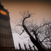 Big Ben shot from a low angle looking spooky