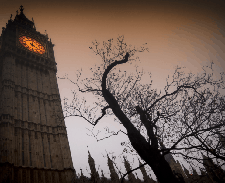 Big Ben shot from a low angle looking spooky