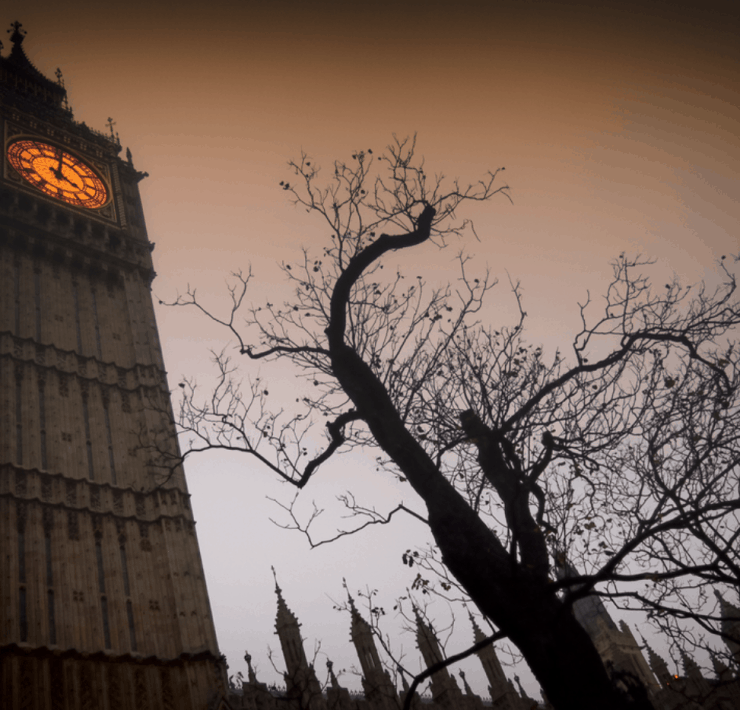 Big Ben shot from a low angle looking spooky