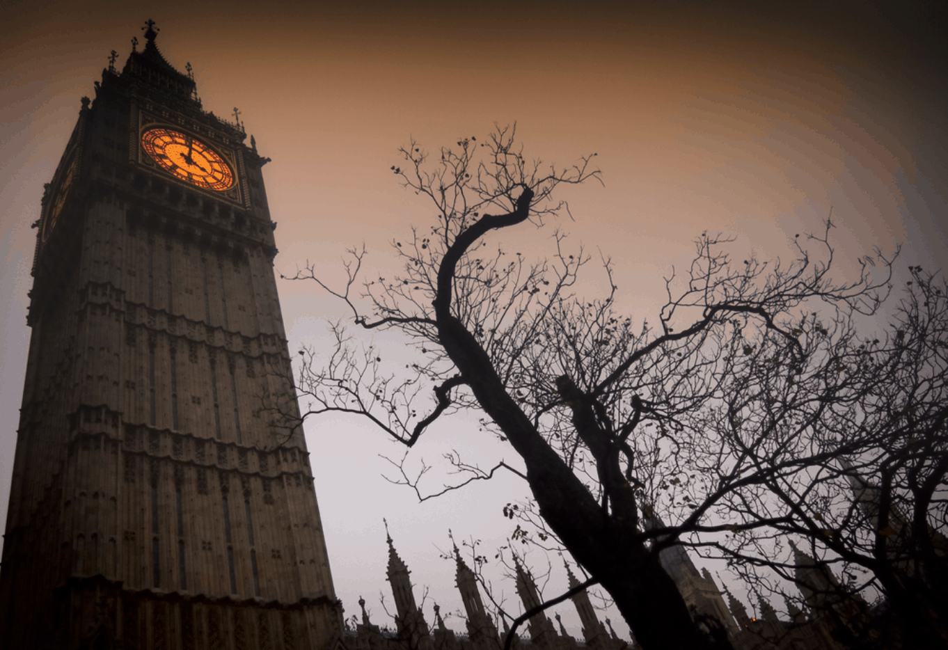 Big Ben shot from a low angle looking spooky
