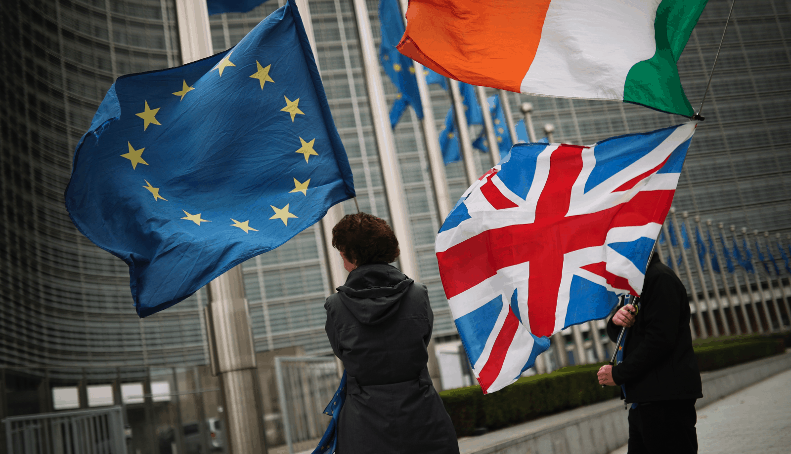 Protesters waving Brit & EU flags in Brussels