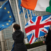 Protesters waving Brit & EU flags in Brussels