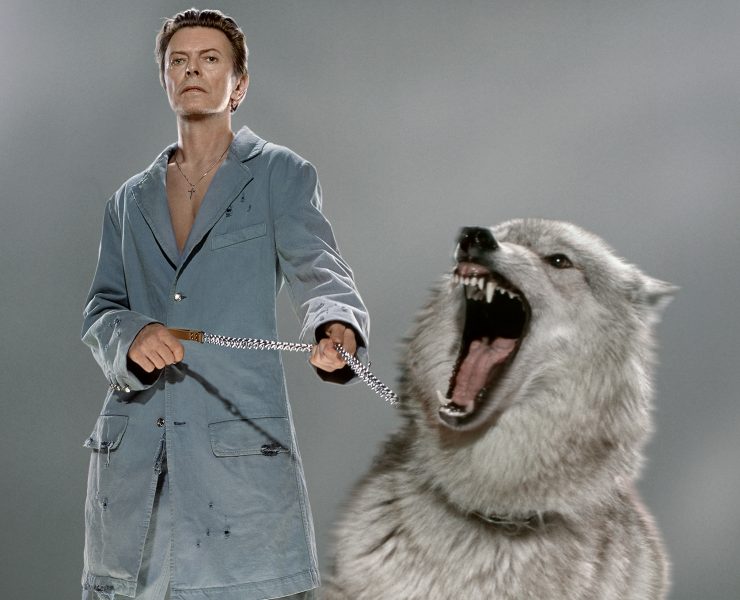 David Bowie with a wolf on a leash