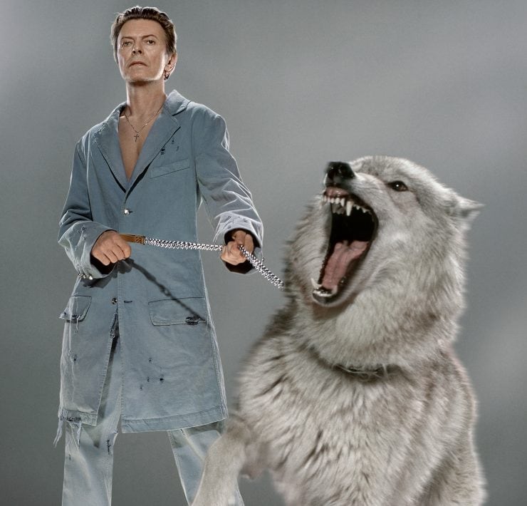 David Bowie with a wolf on a leash
