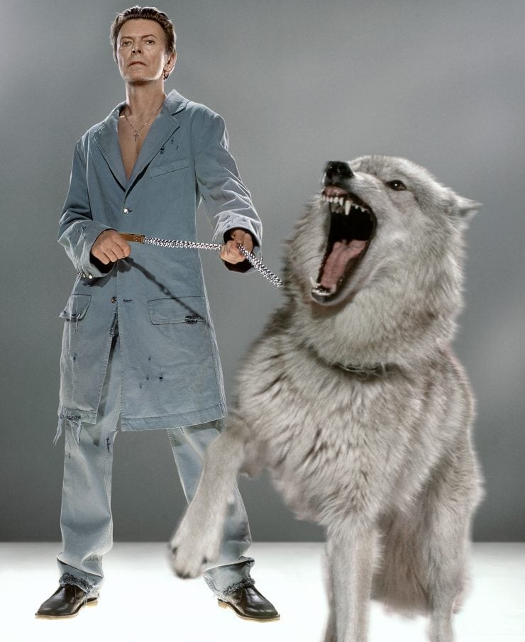 David Bowie with a wolf on a leash