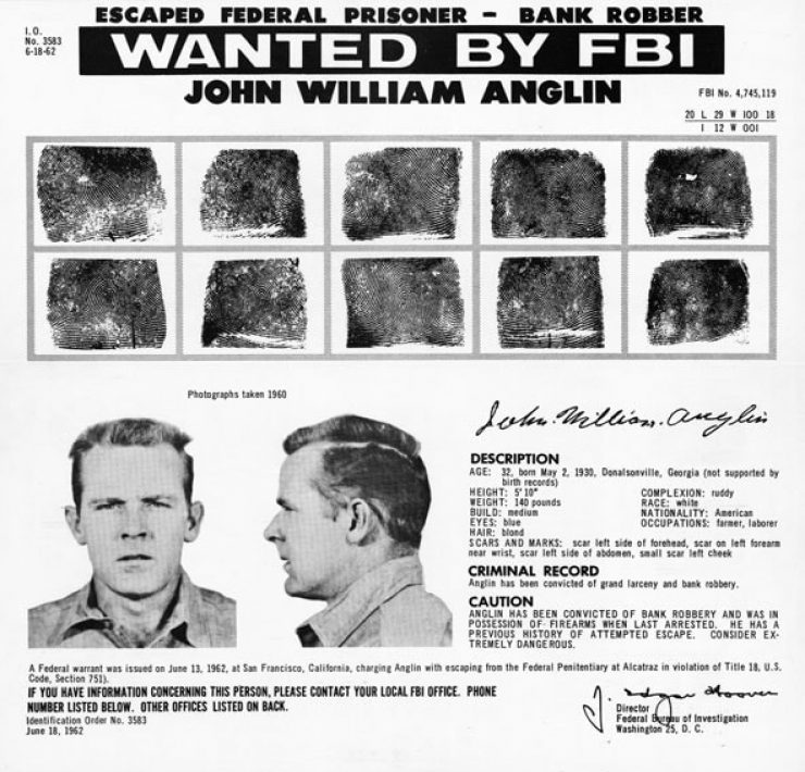 FBI warrant for John Anglin who escaped from Alcatraz
