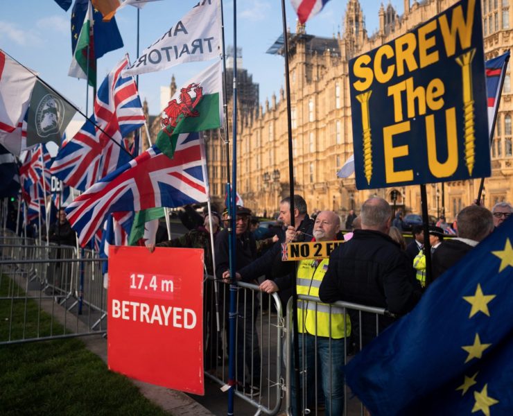 Protesters outside Westminster unhappy about the delay to Brexit