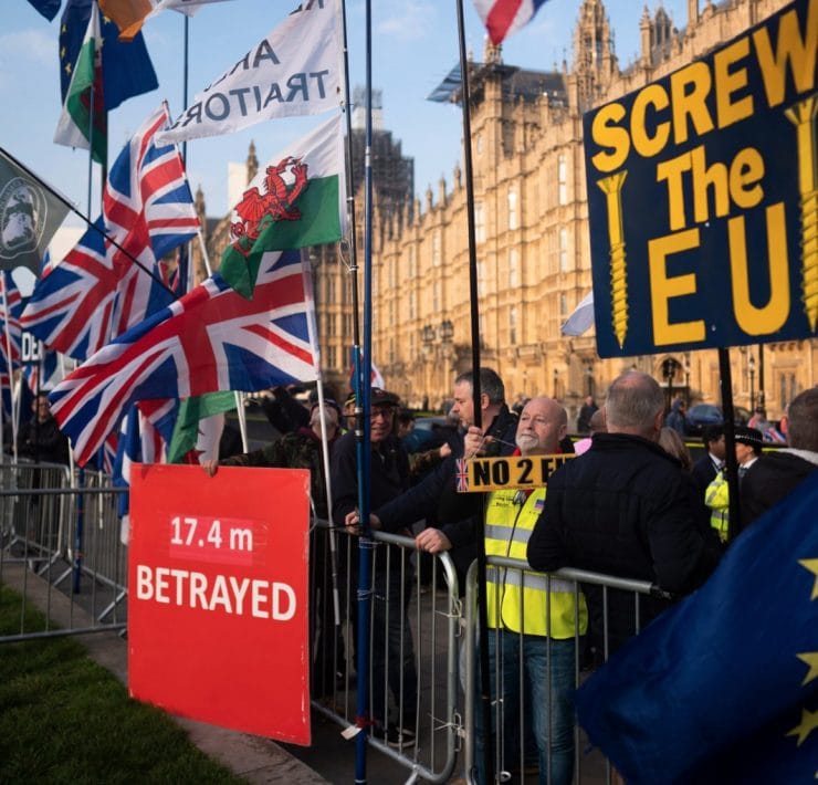 Protesters outside Westminster unhappy about the delay to Brexit