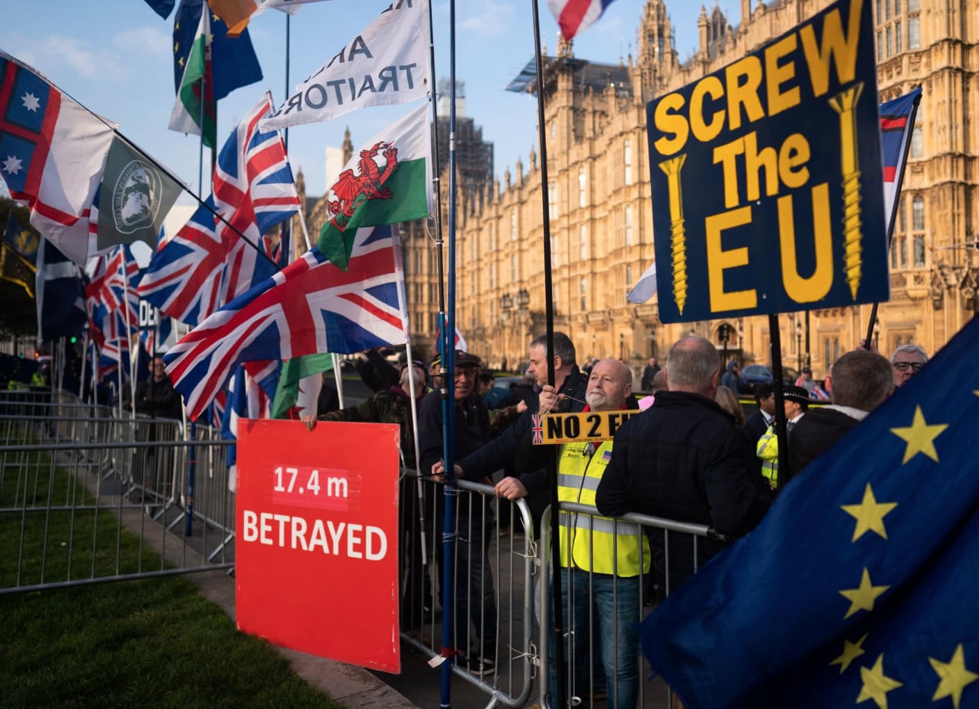 Protesters outside Westminster unhappy about the delay to Brexit