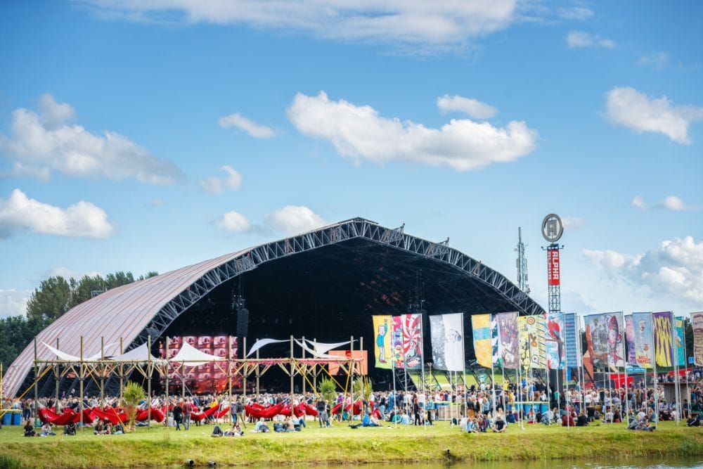 A large music stage in a field